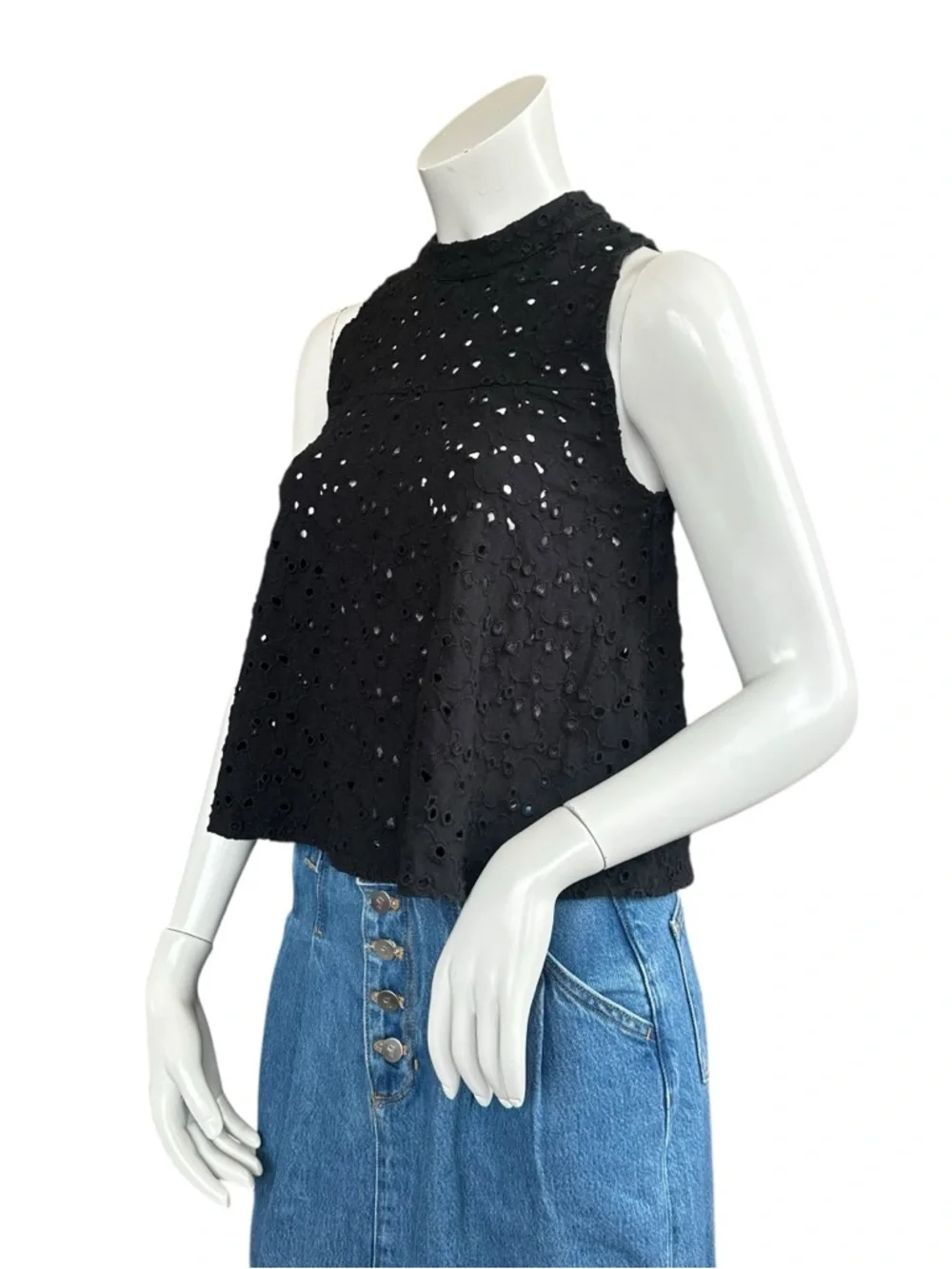 Free People Cupcake Mali Black See Through Eyelet Cropped High Neck Tank XS